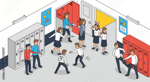 Vibrant School Hallway Scene with Students Teachers and Lockers in an Isometric Style Illustration Ideal for Educational and Design Projects