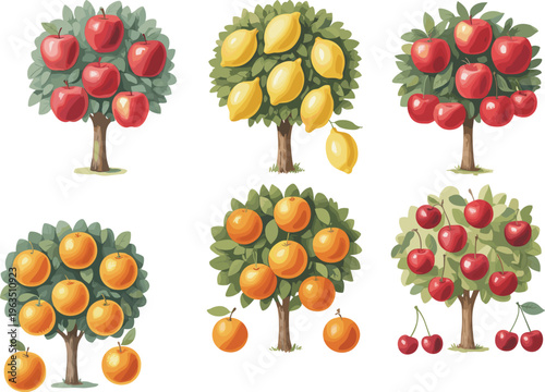 Fruit trees collection featuring apple, lemon, orange and cherry trees with ripe fruits, colorful vector illustration set isolated for agriculture, nature and gardening design