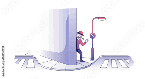 Cartoon Man Hiding Behind a Blank Billboard on a City Street Corner Wearing a Hat and Holding a Device Street Lamp Illustration