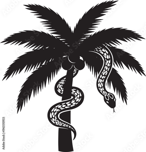 Black silhouette of a coiled snake on a palm tree with coconuts serpent