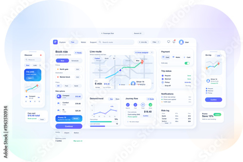 A modern digital dashboard interface for a ride-sharing application