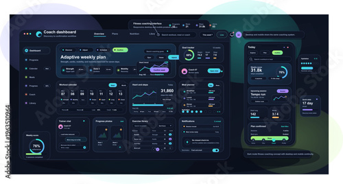 A modern dark mode fitness coaching dashboard interface showing a
