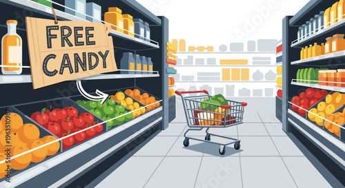 Grocery Shopping Adventure Bright Aisle with Fresh Produce and Free Candy Offer Tempting Shoppers in a Bustling Retail Environment