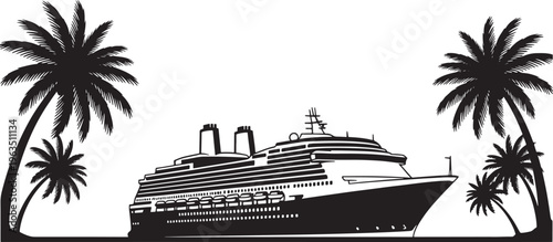 Black silhouette of a cruise ship between palm trees ocean liner passenger ship vessel boat d