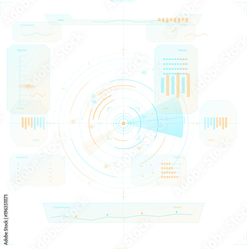 A futuristic sonar HUD interface with light blue and orange data