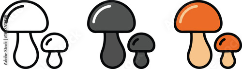 Set of stylized mushroom icons in minimalist outline silhouette and colorful flat vector styles for forest nature design.