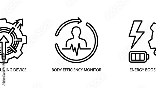 Health and performance enhancement icons set featuring training device, body efficiency monitor, and energy boost for wellness
