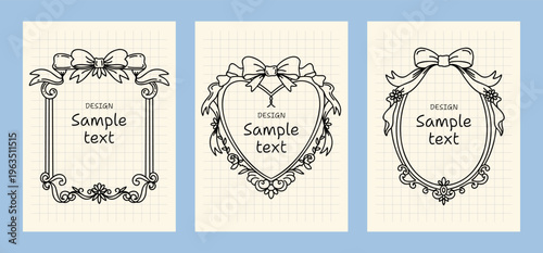 Elegant black ornamental frame trio on cream and blue cards with bows, floral corners and vintage contours, refined decorative borders for invitations, labels and classic stationery. Vector