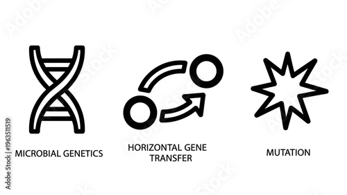 Black line icons for microbial genetics, horizontal gene transfer, and mutation concepts in biology and medical science