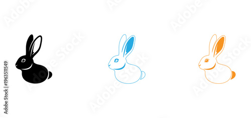 Three minimalist rabbit illustrations in black blue and orange