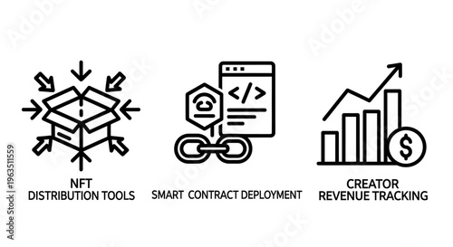 Blockchain and digital asset icons for nft distribution tools, smart contract deployment, and creator revenue tracking