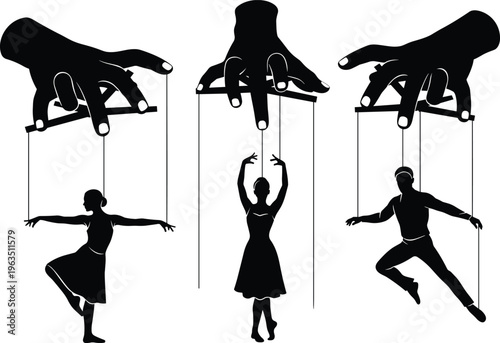 Marionette puppet silhouettes, dancing figures, controlled by hands, symbolic artwork, manipulation theme, ballet pose, dramatic illustration, black and white design