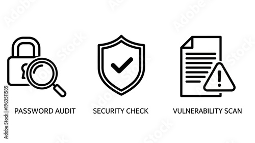 Comprehensive cybersecurity protection and data privacy icons for digital security audits, vulnerability scans, and secure password checks