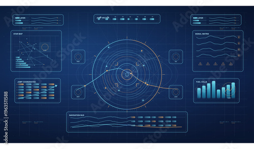 Detailed sci-fi head-up display with a central circular radar, star