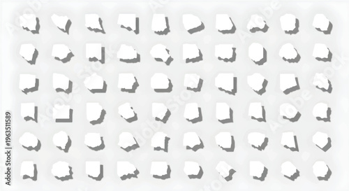 Minimalist white paper scrap collection, 60 torn paper fragments with soft drop shadows, blank ripped note pieces for collage and moodboards