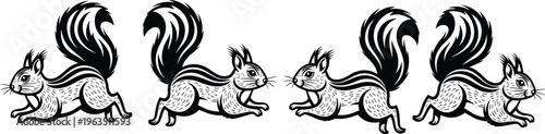 Black and white stylized squirrel illustrations in dynamic running and leaping poses with bushy tails and symmetrical artistic design