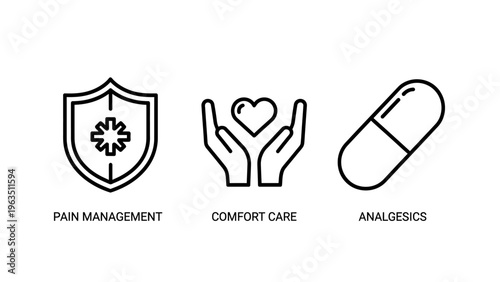 Healthcare and medical service icons representing risk management, patient couch care, and analgesics for pain relief