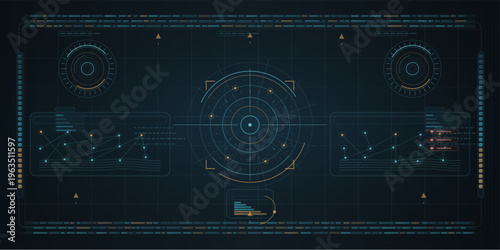 Futuristic head-up display interface featuring a central radar
