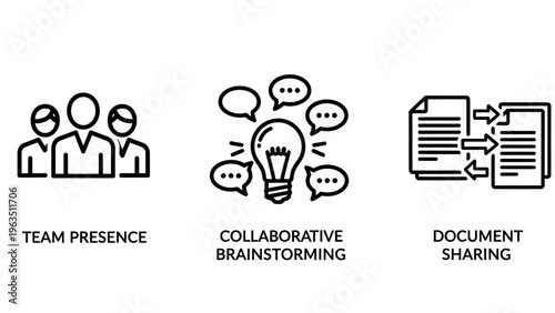 Business collaboration icons set featuring team presence, brainstorming, and document sharing for digital platforms