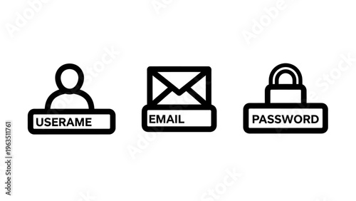 Login authentication icons set featuring username, email, and password fields for secure account access
