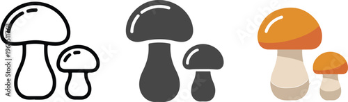 Set of stylized mushroom icons in minimalist outline silhouette and colorful flat vector styles for forest nature design.