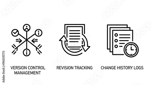 Document version control icons set with revisions tracking, change history, and management logs