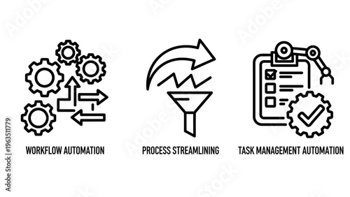 Business workflow automation and process streamlining icons for efficient task management and digital transformation concepts
