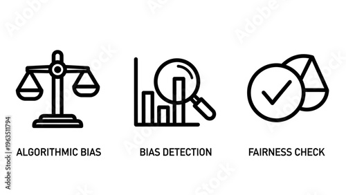 Understanding algorithmic bias and bias detection icons for ensuring fairness checks and ethical data analysis in systems