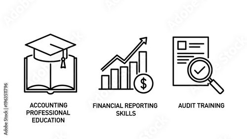 Essential accounting professional education and financial reporting skills icons for comprehensive audit training and business acumen