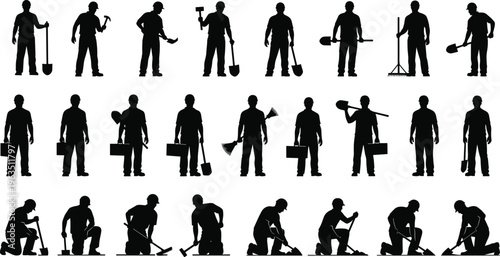 Black silhouette illustration of workers using shovels, hammers, rakes, trowels, and toolboxes representing manual labor and construction tasks