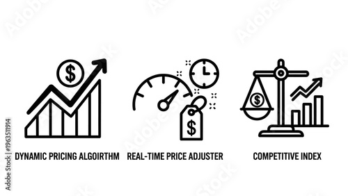 Financial market strategy icons: dynamic pricing algorithm, real-time price adjuster, and competitive index for business analytics and economic analysis graphics