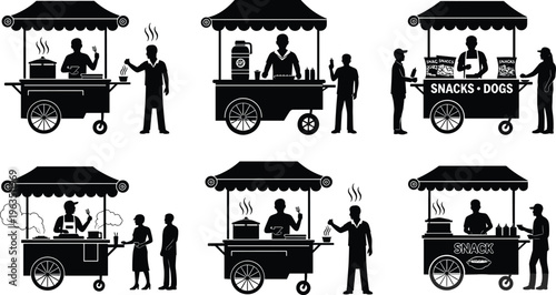 Street food cart silhouettes, vendor serving customers, urban lifestyle, mobile food stalls, hot meals, canopy carts, small business culture, outdoor dining