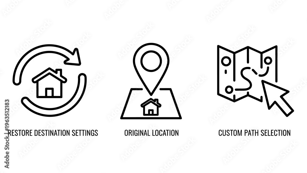 Fototapeta premium Location and navigation icons for restoring destination settings showing a house and arrows original location with map pin and custom path selection with a map and mouse cursor pointer