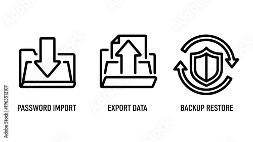 Data management icons set: password import, export data, and backup restore system symbols