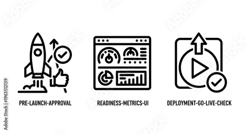 Business development icons representing pre-launch approval with a rocket readiness metrics UI dashboard and deployment go-live check for software engineering and project management tasks