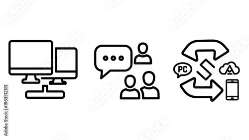 Digital communication and connectivity icons showing desktop computer monitors group chat speech bubbles and cross-platform synchronization between pc cloud and mobile devices network
