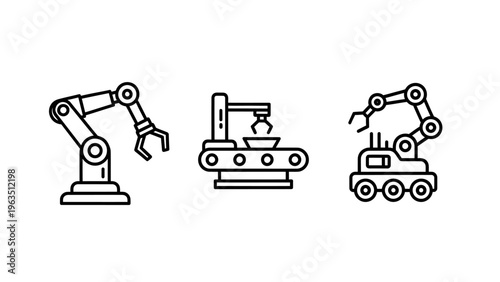 Industrial automation icons featuring a robotic arm for manufacturing robot on conveyor belt for assembly line and mobile robotic rover for warehouse logistics and engineering technology