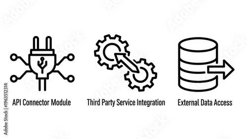 Software development and data management icon set illustrating an api connector module gears for third party integration and a database cylinder for external data access workflows