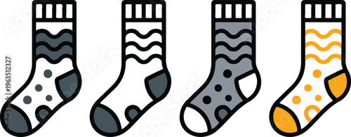 Set of minimalist winter sock icons with wave patterns in flat outline and colorful orange and grey styles.