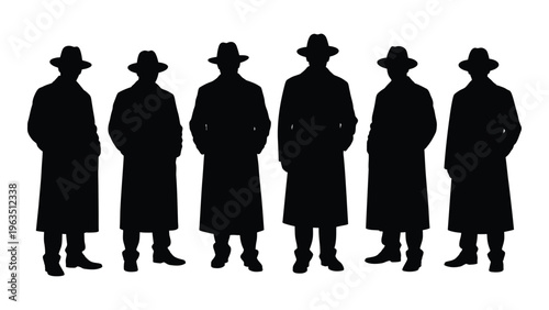 Silhouettes of five men in hats and long coats