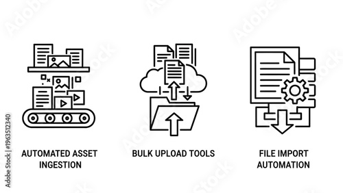 Business automation icons representing automated asset ingestion on a conveyor belt bulk upload tools with cloud storage and file import automation with settings and gear symbols