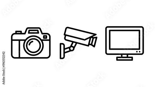 Set of visual technology and security icons showing a professional photography camera a cctv surveillance security camera and a flat screen computer monitor for display and monitoring