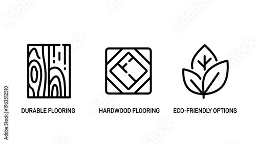 Interior design flooring icon set with hardwood texture and eco friendly material symbols for home renovation and sustainable building services and modern residential construction projects