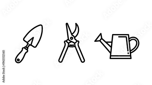Hand drawn gardening tool icons set including garden trowel for planting, pruning shears for trimming and watering can for plant care in a minimal outline style