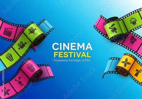 Cinema Festival Film Reels and Text on Blue Background.