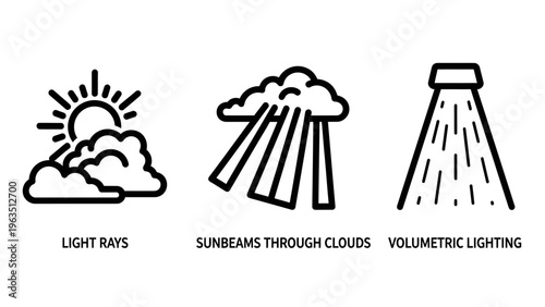 Volumetric lighting and natural sunlight effect icons featuring sunbeams through clouds and atmospheric ray symbols for photography and design resources