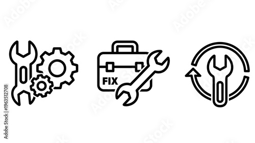 Industrial repair and maintenance icon set featuring a wrench with gears, a toolbox labeled fix, and a circular update arrow for technical service, support, and mechanical engineering work