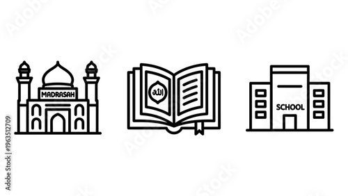 Cultural and educational line icons including a mosque with minarets, an open holy book with arabic calligraphy, and a school building for islamic learning and religious religious studies