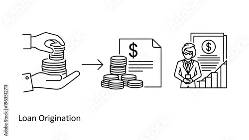 Financial loan origination icon set illustrating money management banking investment growth and professional mortgage consultation processes for personal and commercial finance