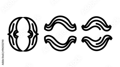 Abstract decorative line art icons with symmetrical wavy scroll patterns and fluid organic shapes for ornamental design, logo elements, and artistic borders or floral style decorations